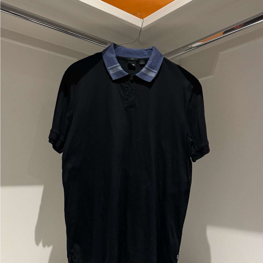 Men's Black Polo Shirt with Blue Collar